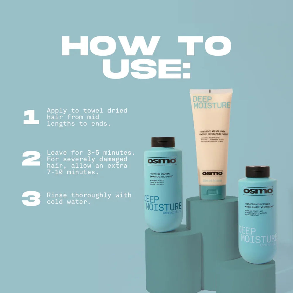 Osmo Deep Moisture hair care products with usage instructions on a light blue background