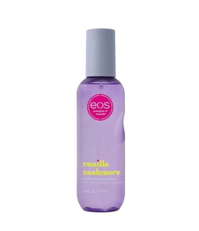 Purple bottle of EOS Vanilla Cashmere hand lotion on a light gray background