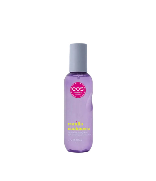 Purple bottle of EOS Vanilla Cashmere hand lotion on a light gray background