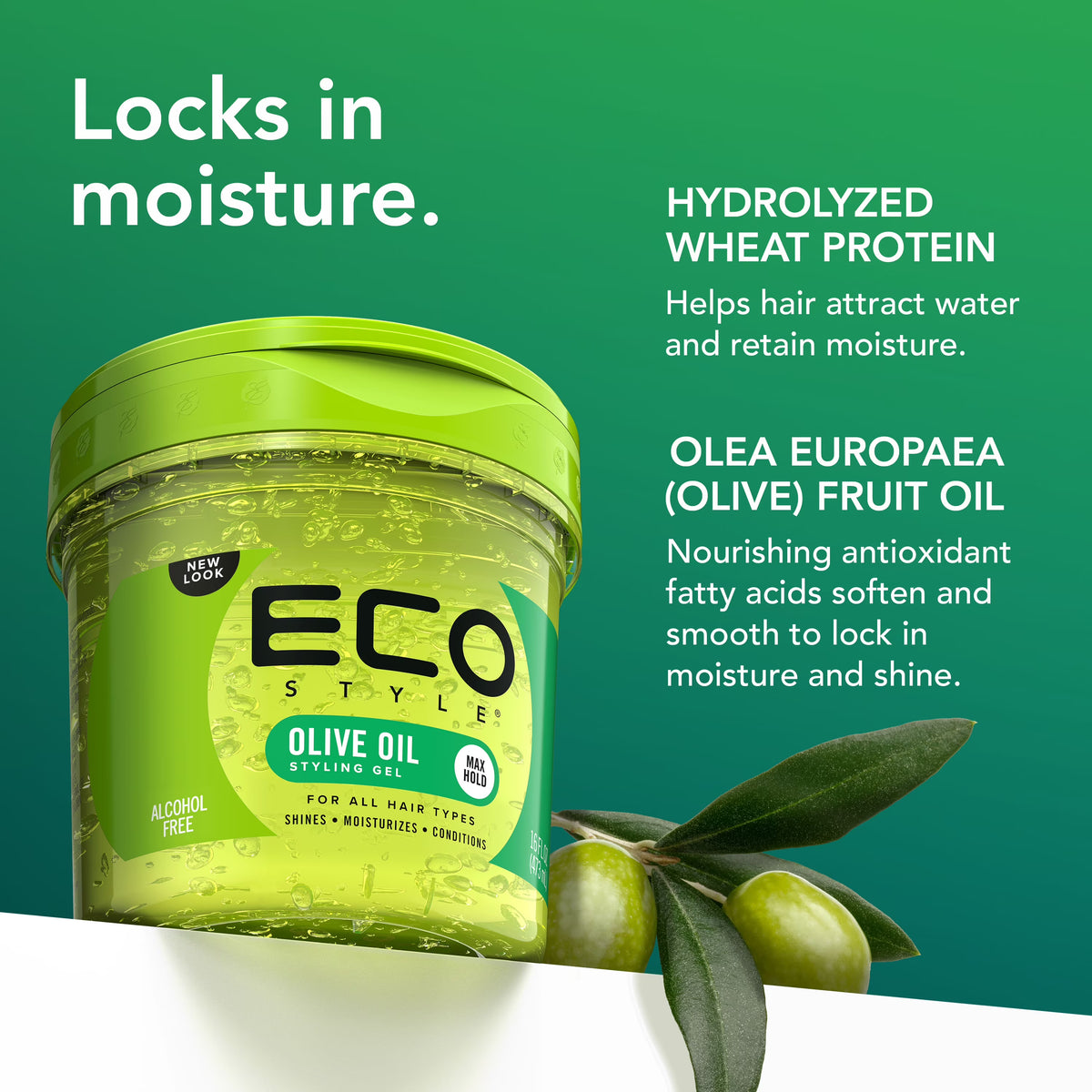 Green jar of Eco Style Olive Oil Styling Gel with text about ingredients on a green background