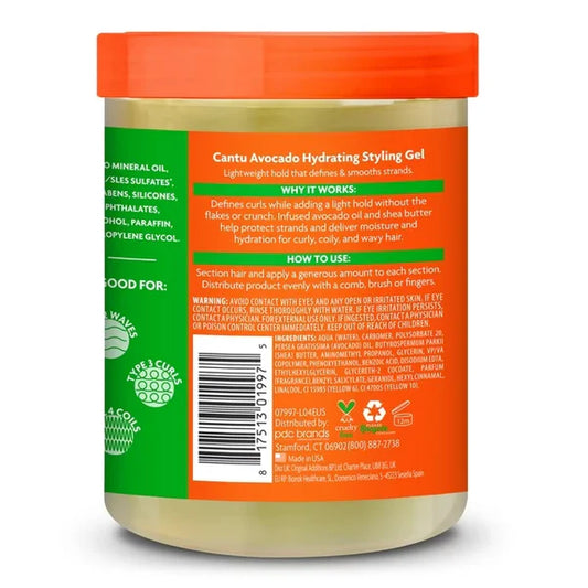 Cantu Avocado Hydrating Styling Gel jar with green and orange label on a white background