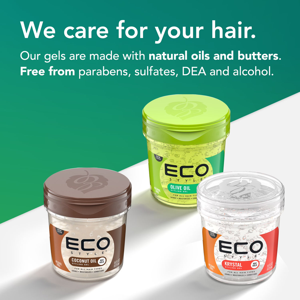 Three ECO Styling hair care jars displayed on a white surface against a green and white background, with promotional text at the top about natural oils and free-from-parabens formulation.