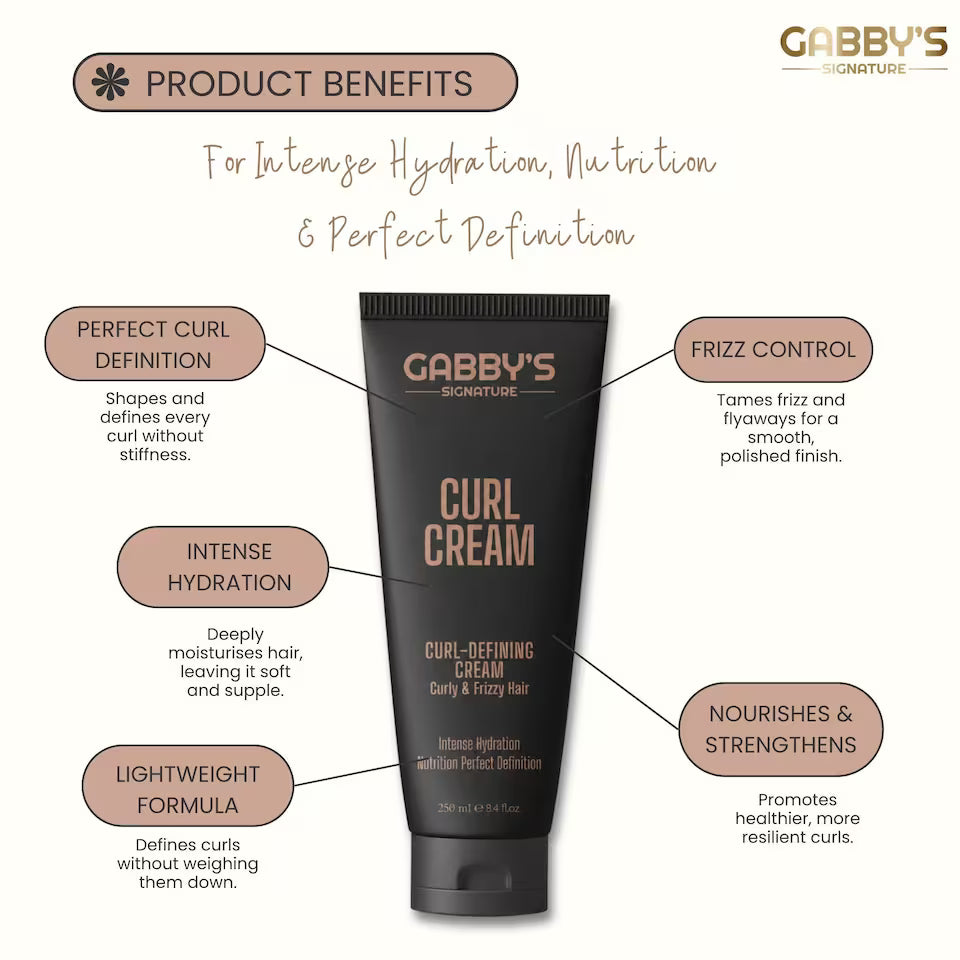 Tube of Gabby's Curl Cream with product benefits listed on a white background