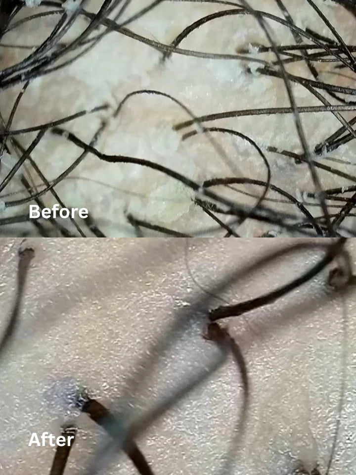 Comparison of hair strands before and after treatment on a textured surface.