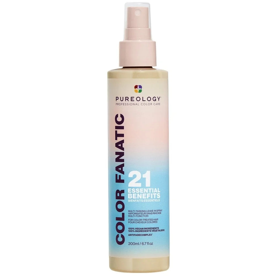 Pureology Color Fanatic 21 Essential Benefits Multi-Condition Color Enhancing Spray in a 200ml bottle with a beige-to-blue gradient label and a light pink spray top.