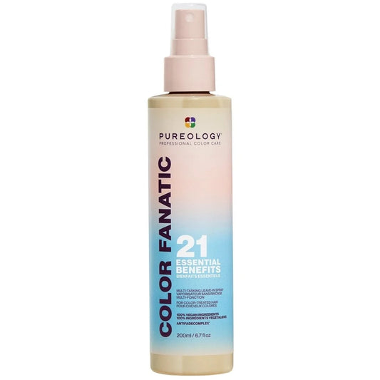 Pureology Color Fanatic 21 Essential Benefits Multi-Condition Color Enhancing Spray in a 200ml bottle with a beige-to-blue gradient label and a light pink spray top.