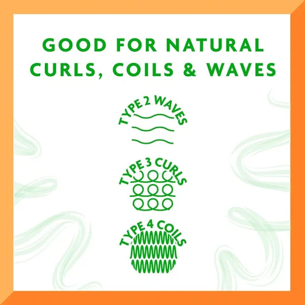 Text and icons indicating product compatibility with natural curls, coils, and waves on a white background.