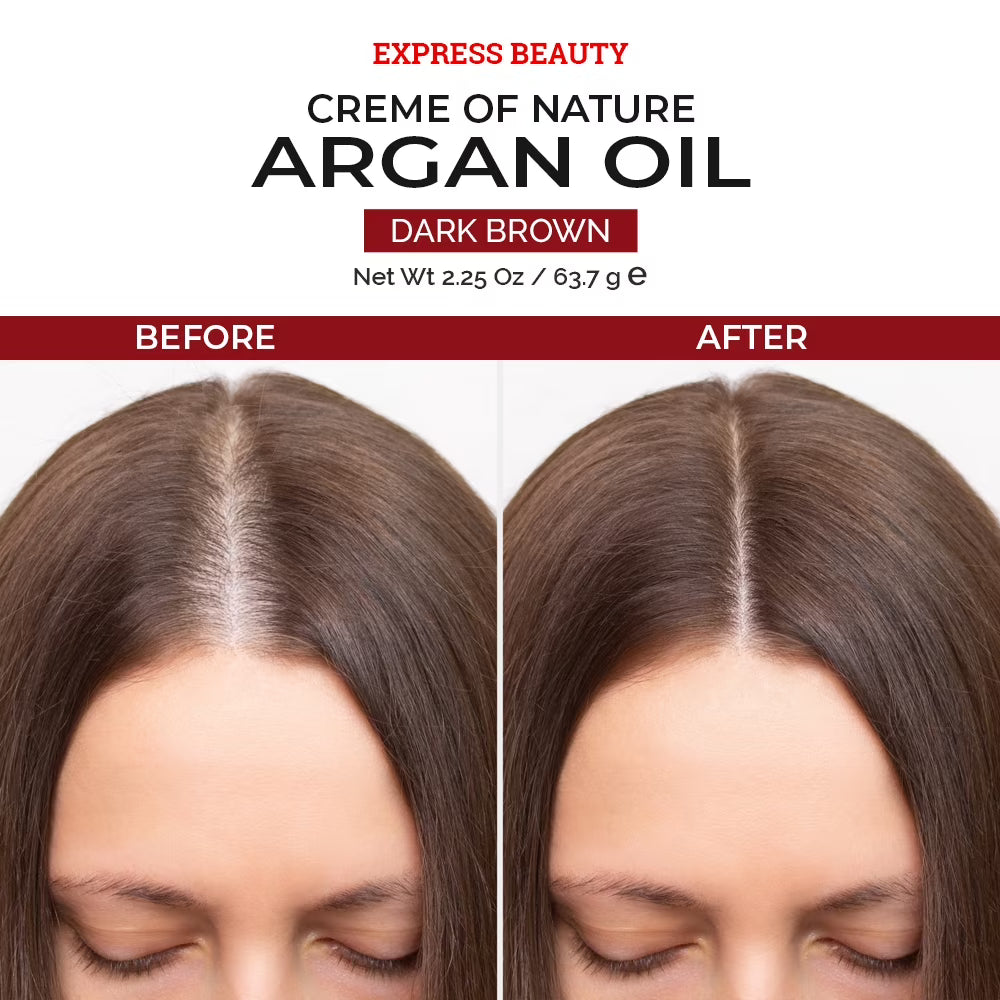 Before and after comparison of a woman's dark brown hair showing a lighter part line after treatment, with text reading 'Express Beauty Creme of Nature Argan Oil' and 'Dark Brown'.