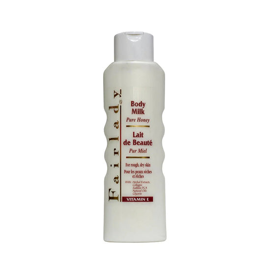 Body milk bottle labeled 'Lait de Beaute' on a white background