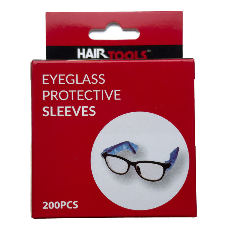 Red retail box for Hair Tools Eyeglass Protective Sleeves, showing white text and a circular inset with glasses wearing blue patterned sleeves, on a white background.