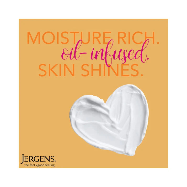 Heart-shaped lotion smear with text on a yellow background, featuring Jergens branding.
