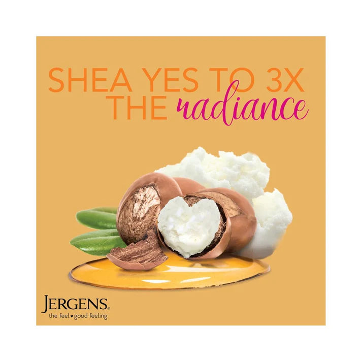 Jergens skincare product packaging with shea butter and text on a yellow background