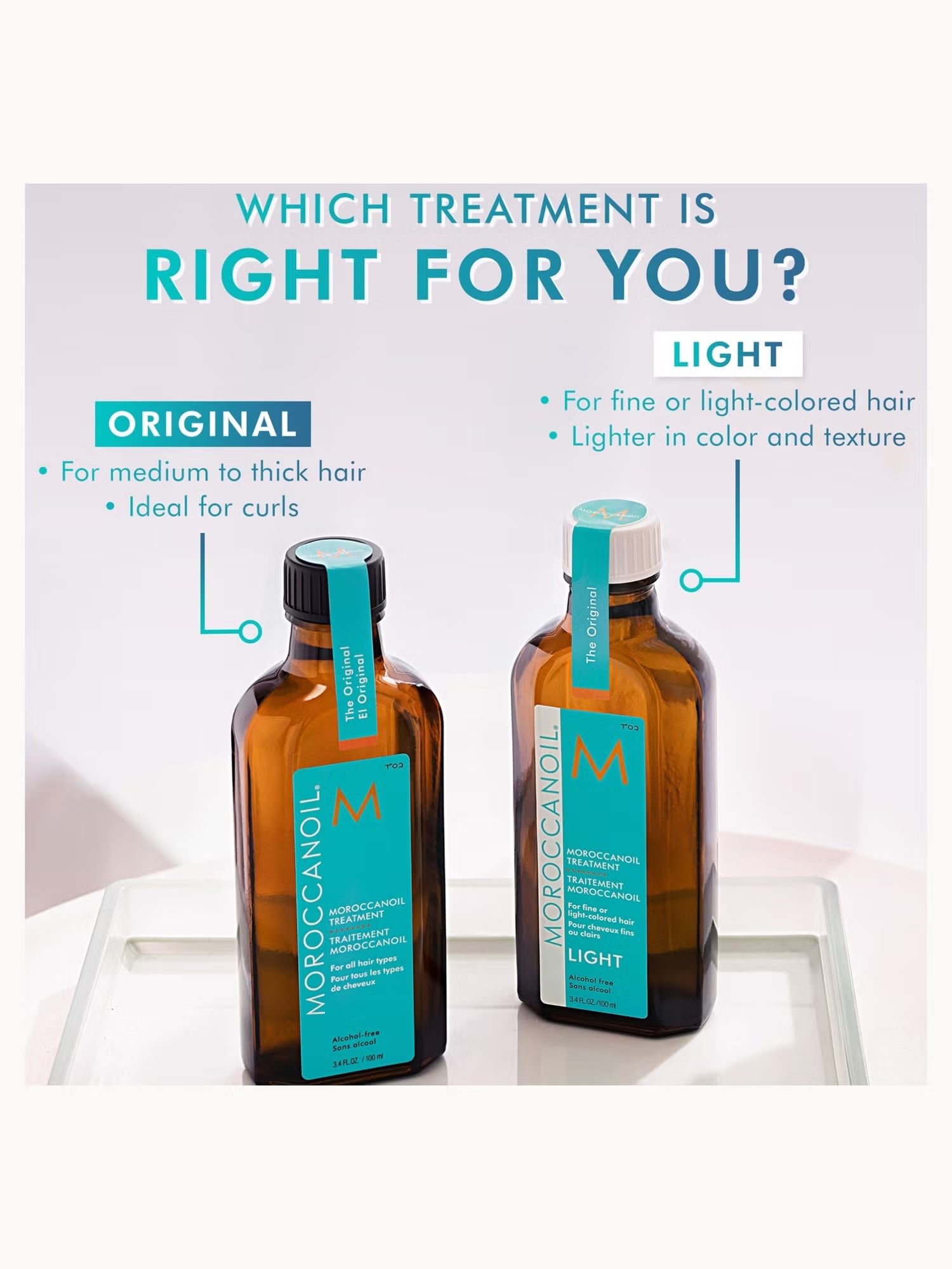 Two bottles of Moroccanoil hair product with text on a white background