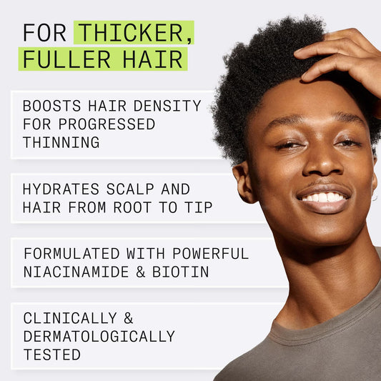 Advertisement for hair care product with a person and text about hair thickness and hydration.