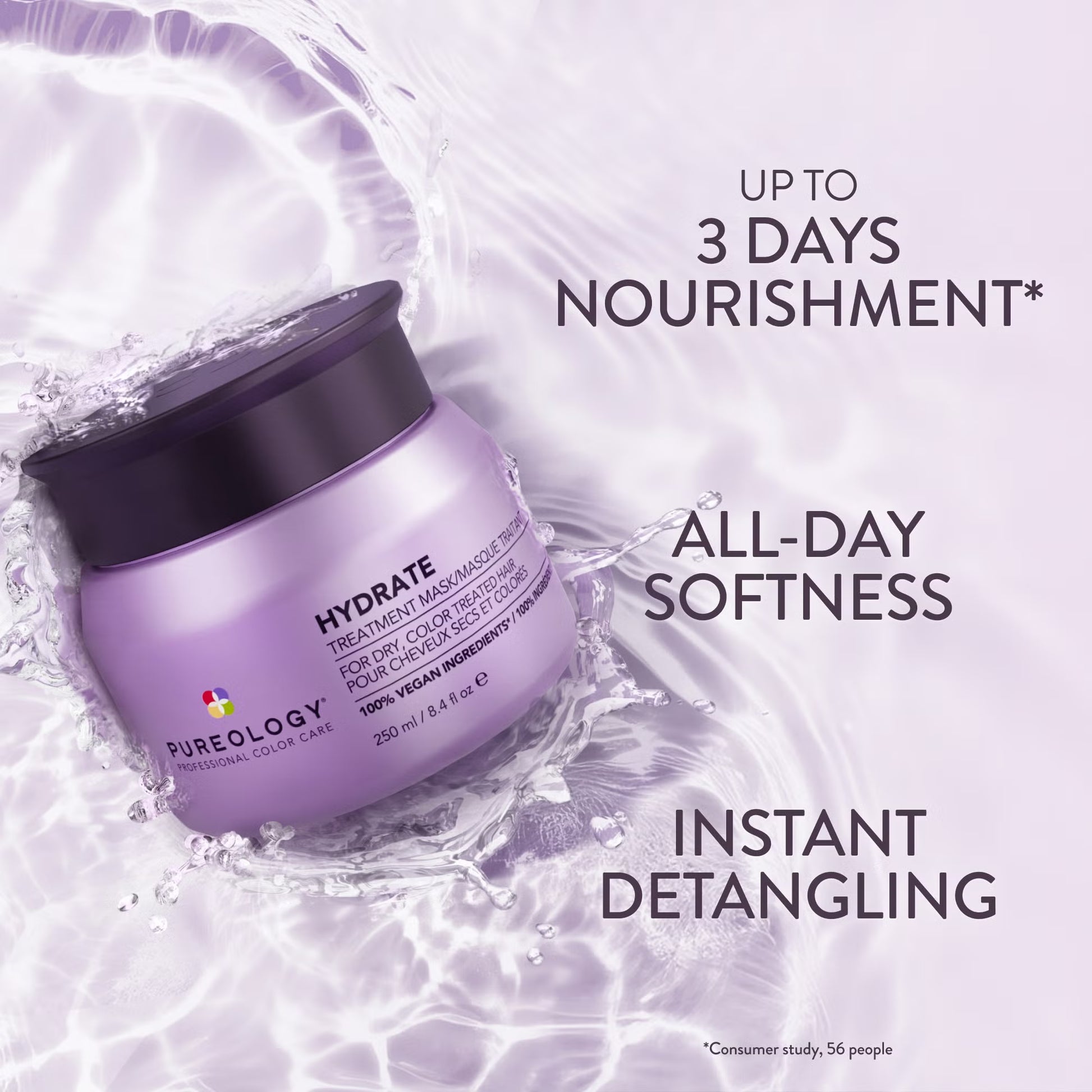 Purple jar of Pureology hair mask with water droplets on a light purple background