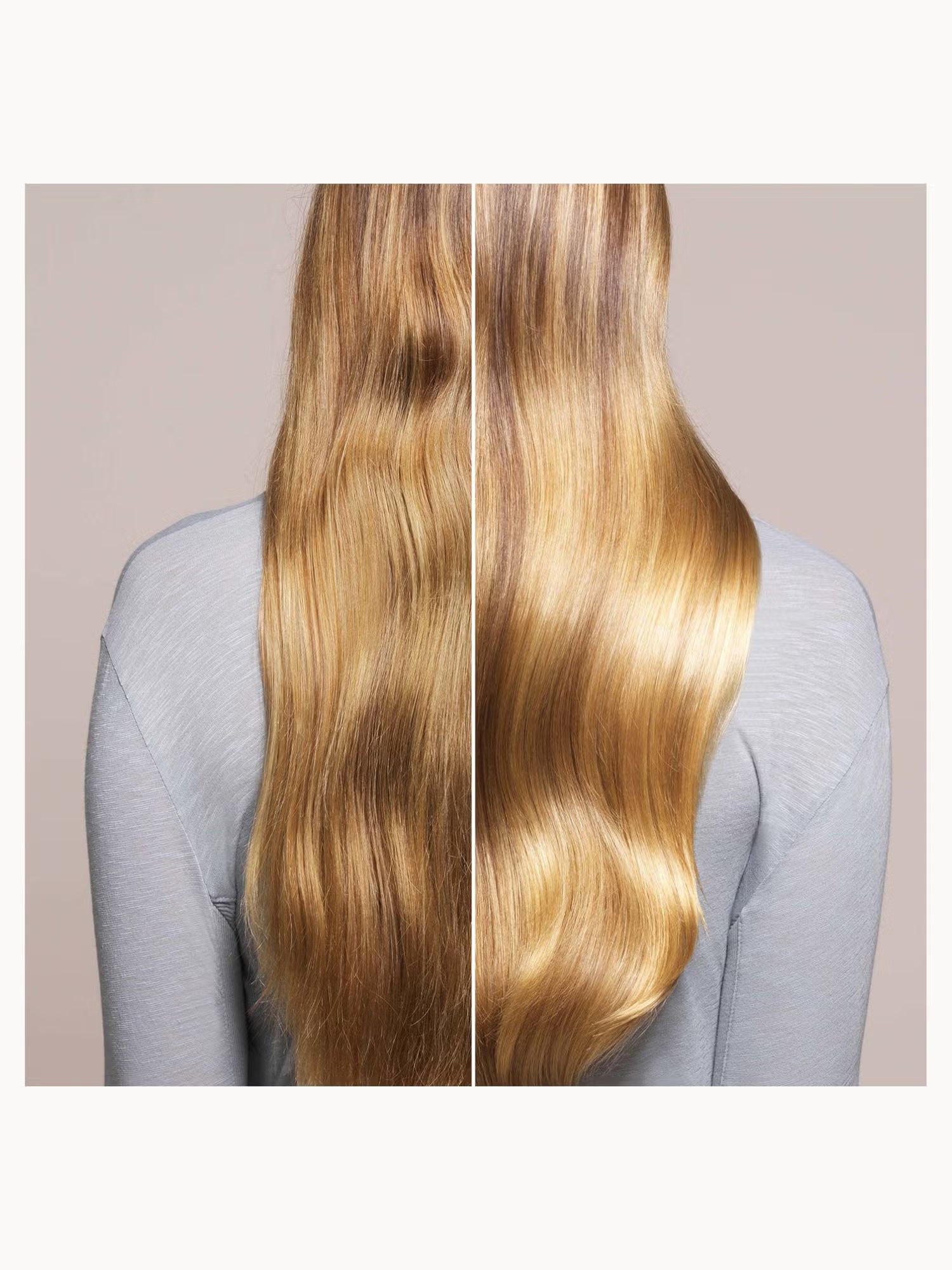 Side-by-side comparison of hair before and after treatment on a neutral background