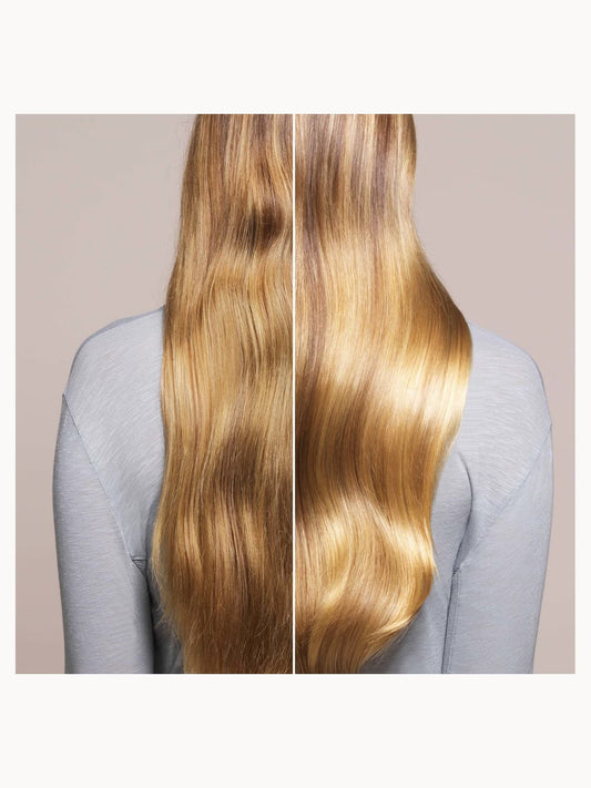 Side-by-side comparison of hair before and after treatment on a neutral background