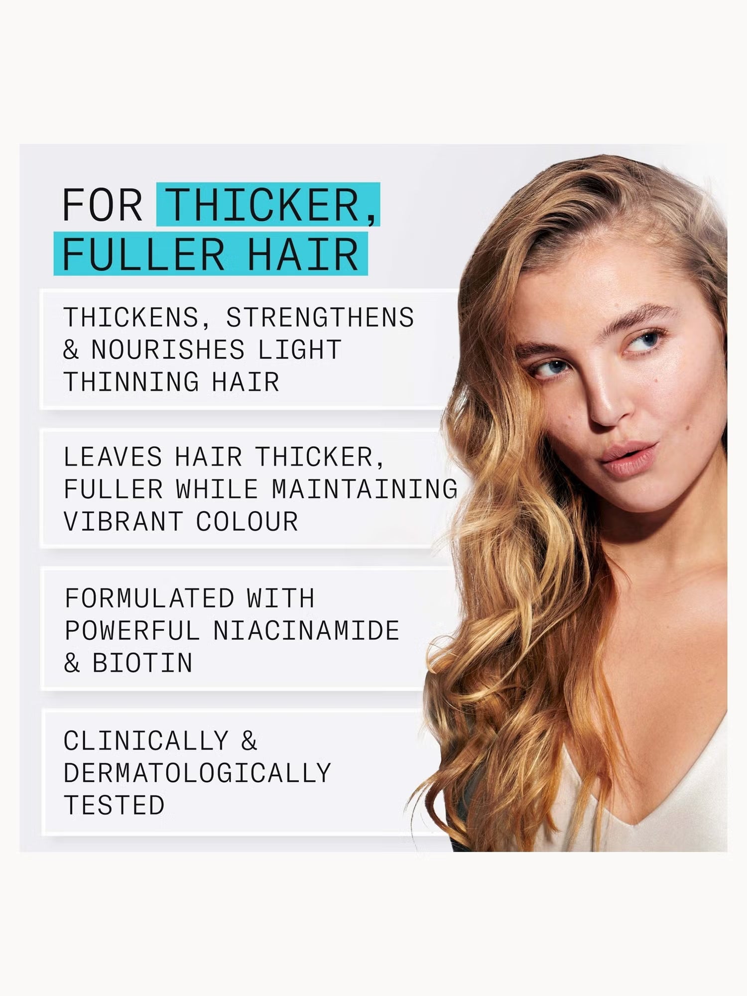 Advertisement for hair product with a woman's face and text about hair thickening and strengthening.