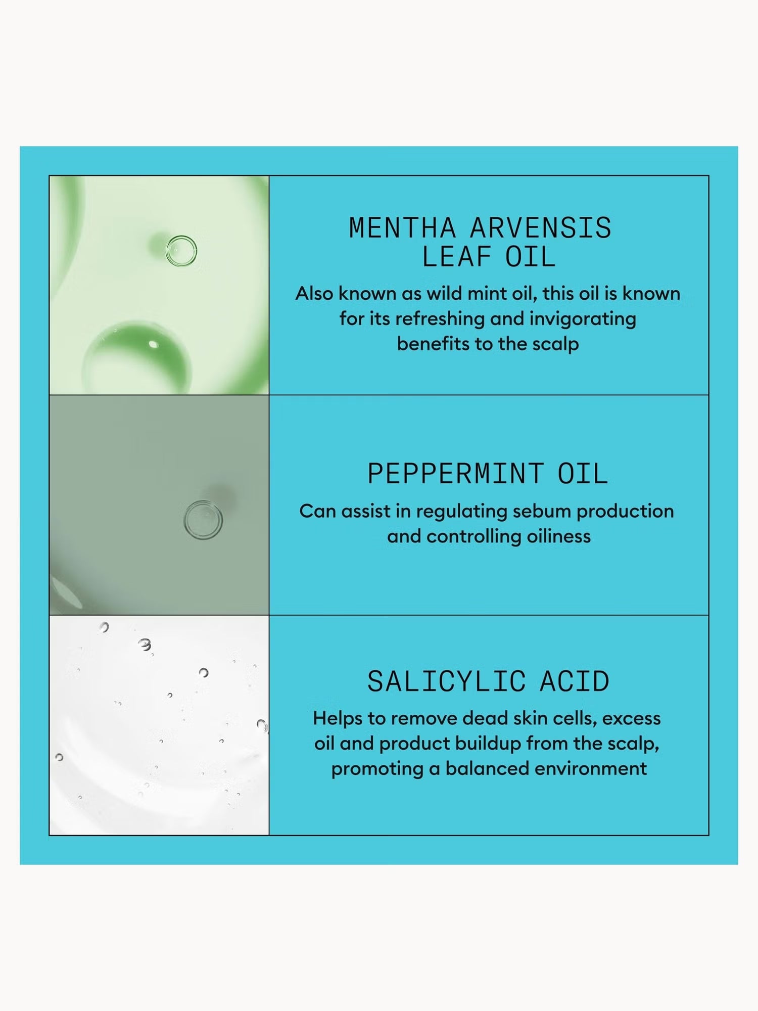 Product label with ingredients and their benefits on a blue background
