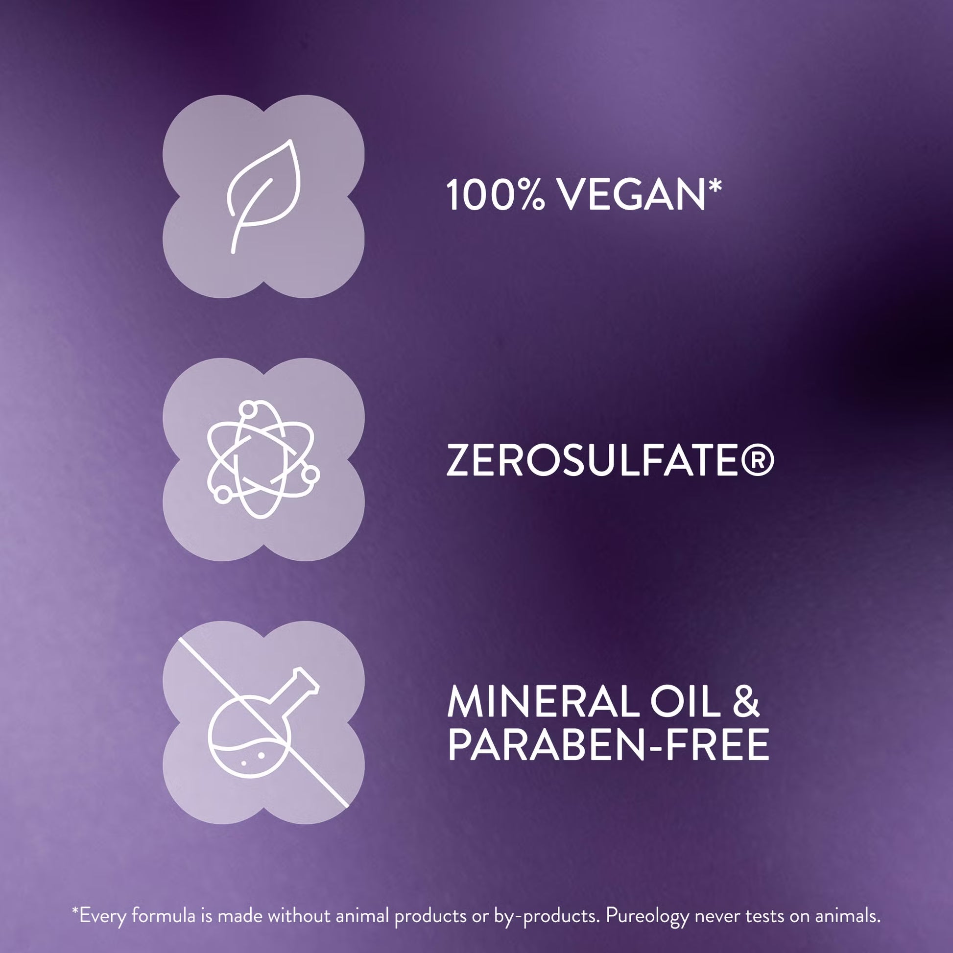 Certification icons for 100% Vegan, Zerosulfate, and Mineral Oil & Paraben-Free on a purple background.