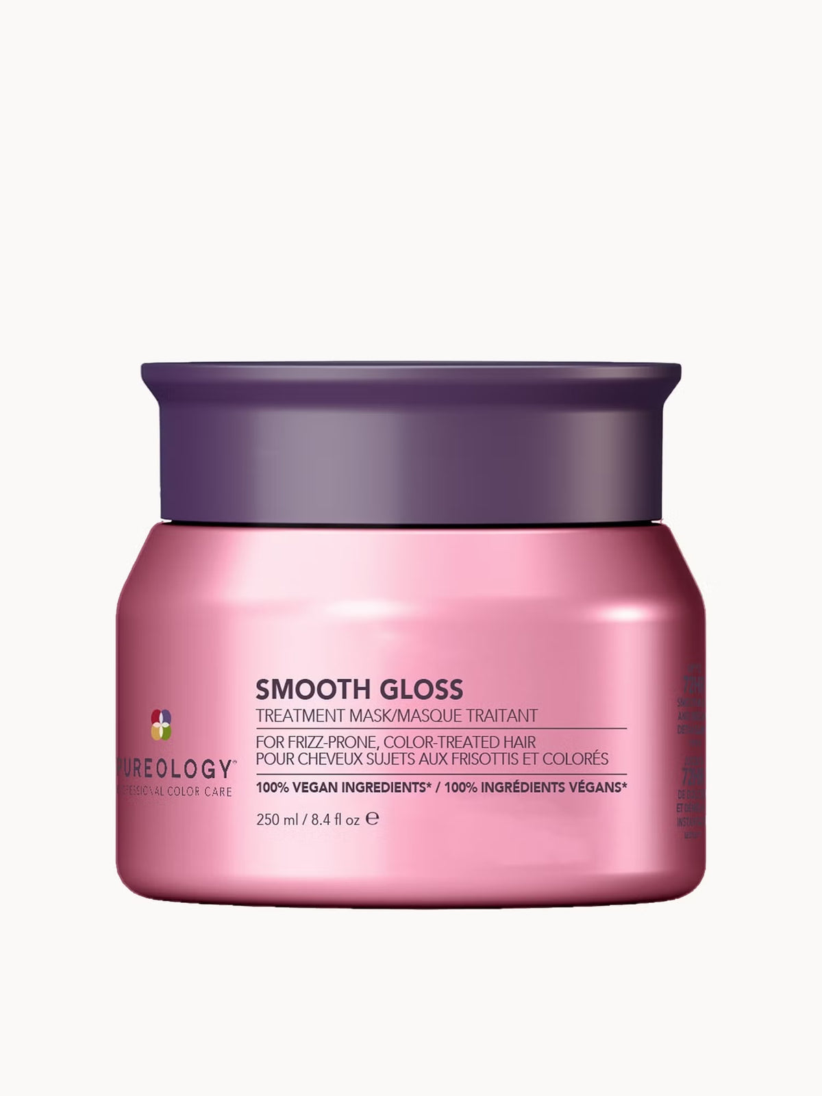 A jar of Nureology Smooth Gloss treatment mask for frizzy, color-treated hair, featuring a metallic pink container and a dark purple lid, set against a plain off-white background.