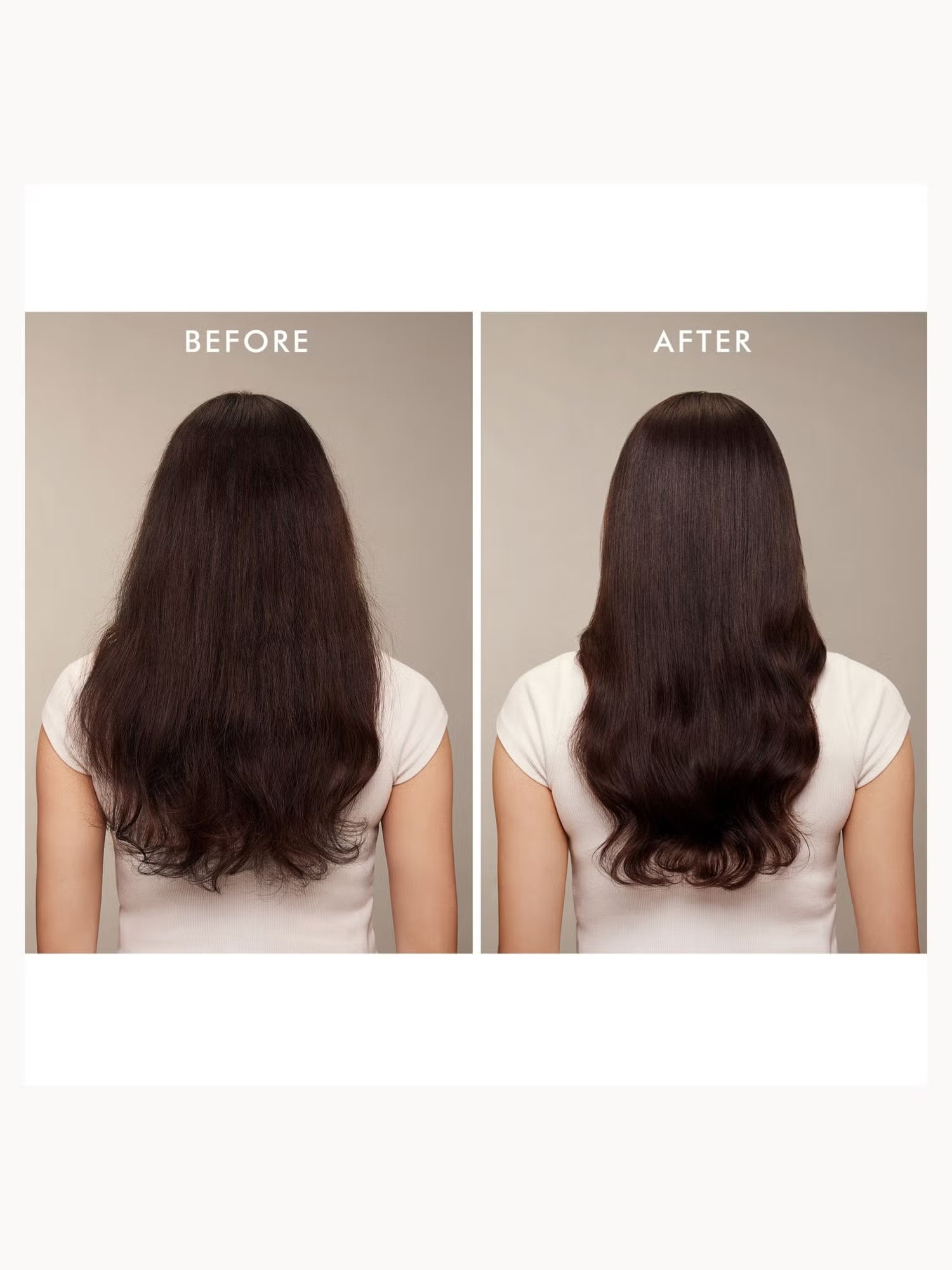 Before and after comparison of hair treatment on a person with long, dark hair.