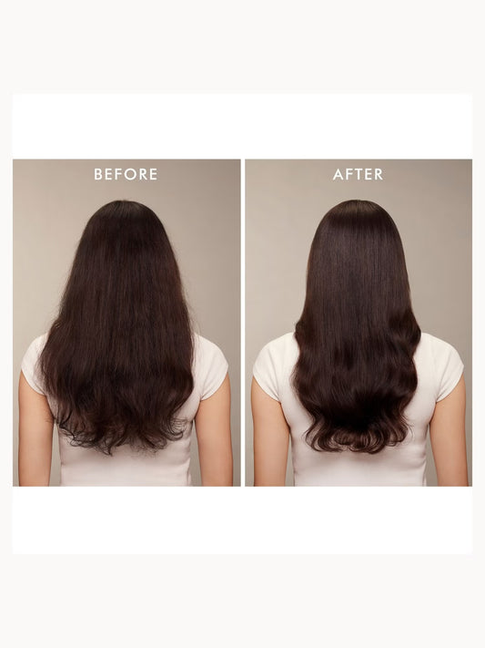 Before and after comparison of hair treatment on a person with long, dark hair.