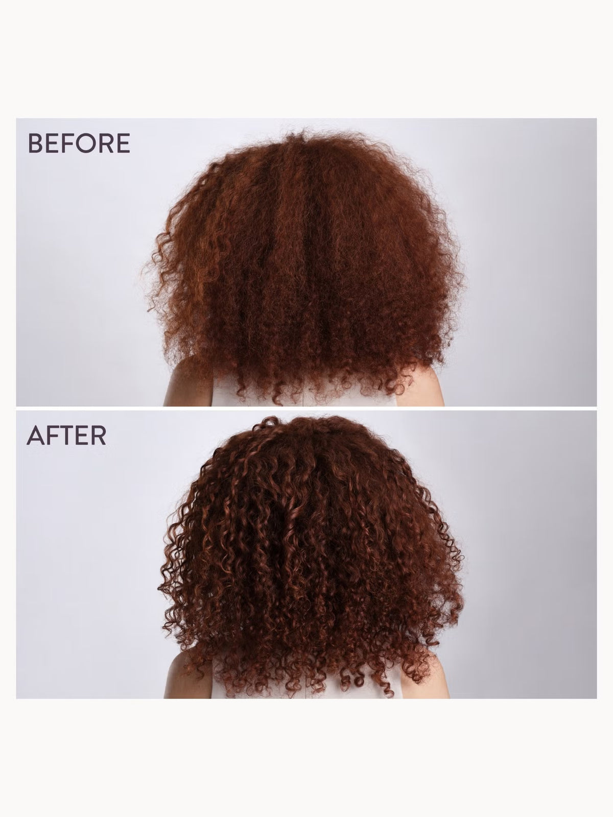 Before and after comparison of curly hair, showing frizzy, less defined hair on top labeled BEFORE, and smoother, more defined curls on bottom labeled AFTER, on a light gray background.