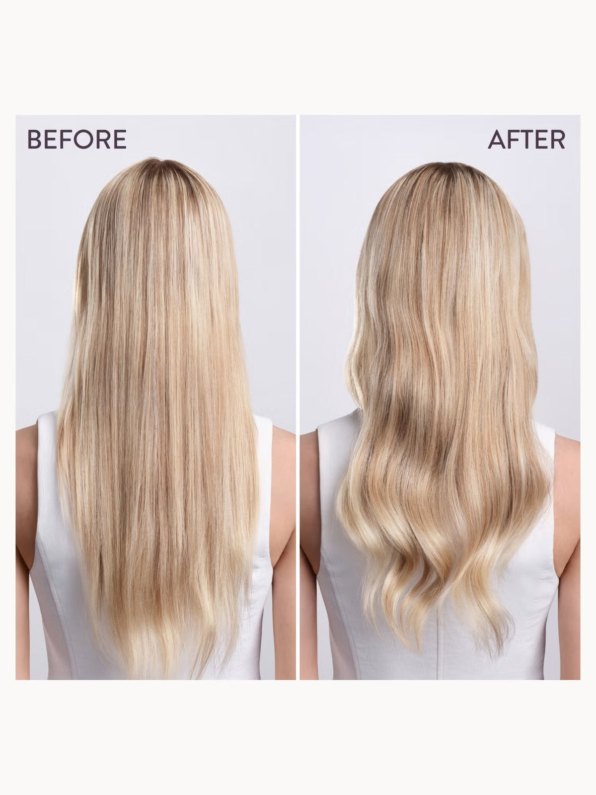 Before and after comparison of a long blonde wig, showing straight hair on the left and wavy hair on the right, with the text 'BEFORE' and 'AFTER' at the top of each panel.