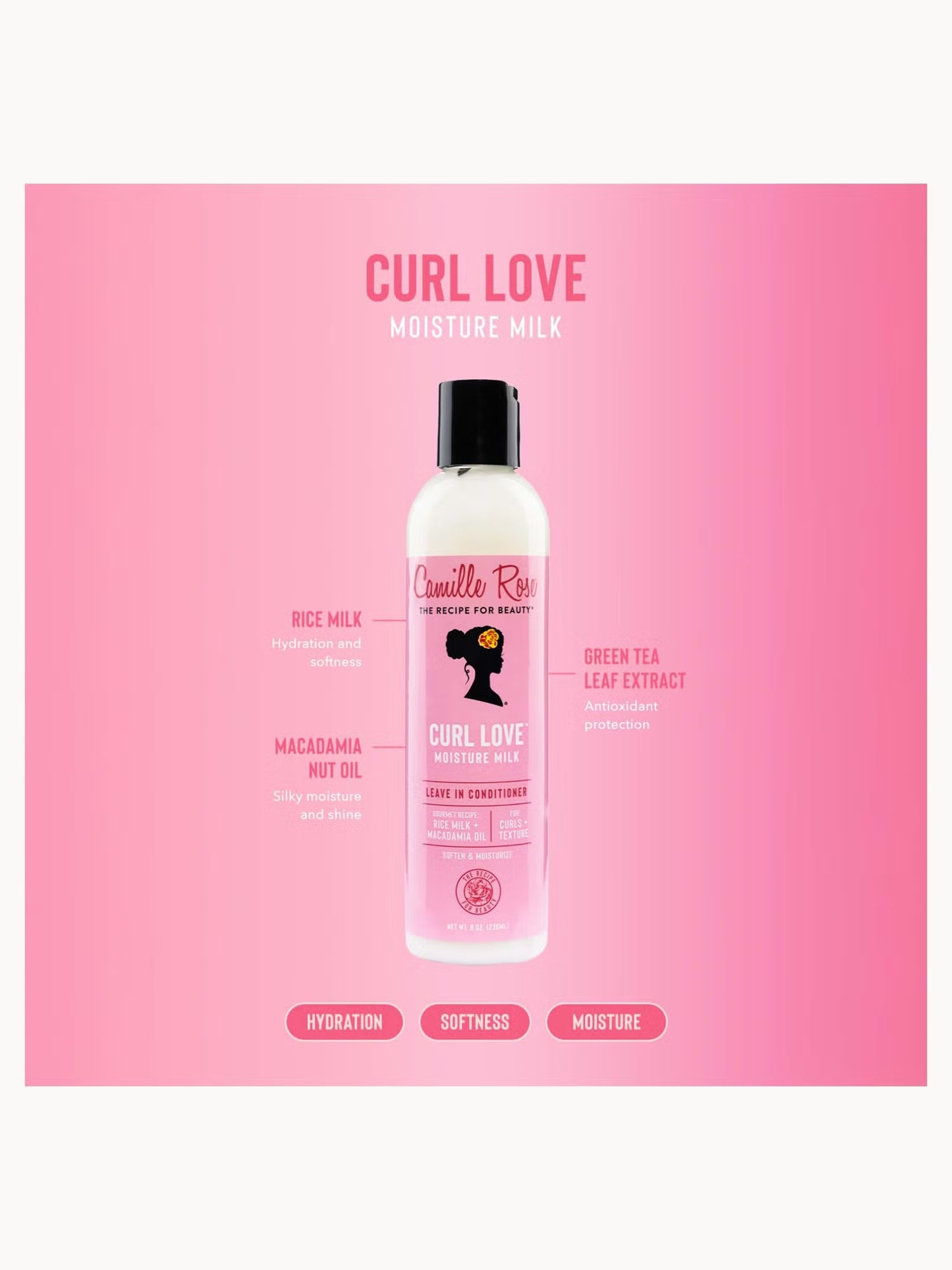 A bottle of Camilla Rose Curl Love Moisture Milk centered on a pink background with text labels describing ingredients and product benefits.