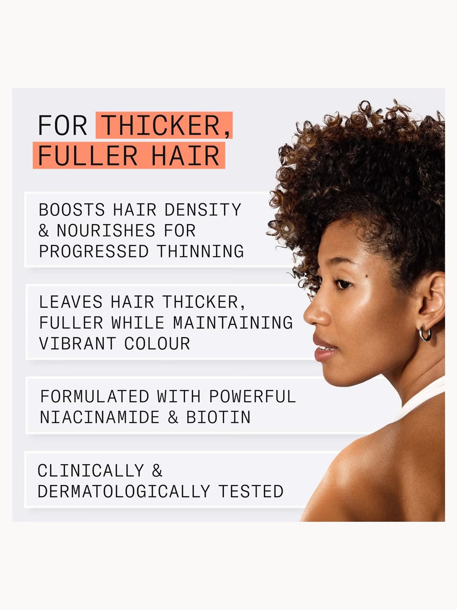 Advertisement for hair product with text and a woman's face on a white background
