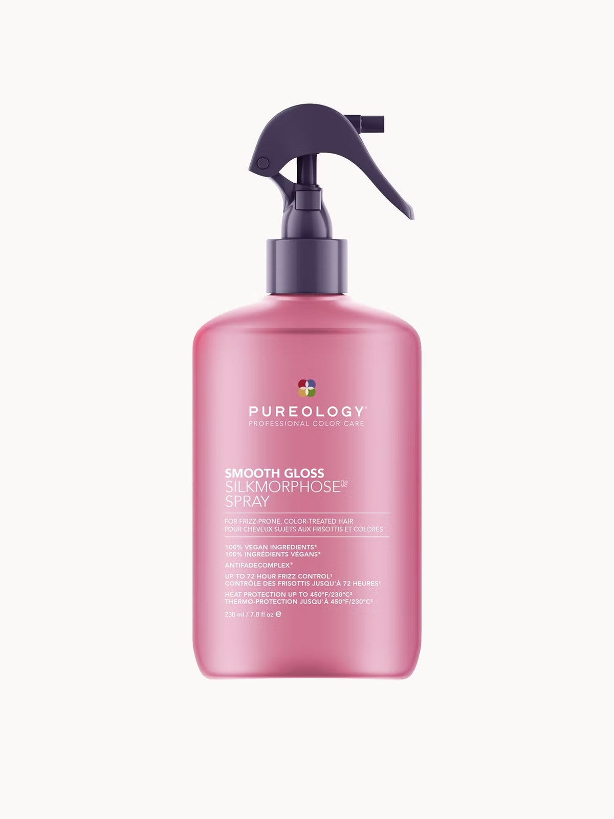 Pureology Smooth Gloss Silkmorphose Spray in a pink bottle with a dark purple trigger spray top, centered on a light off-white background.
