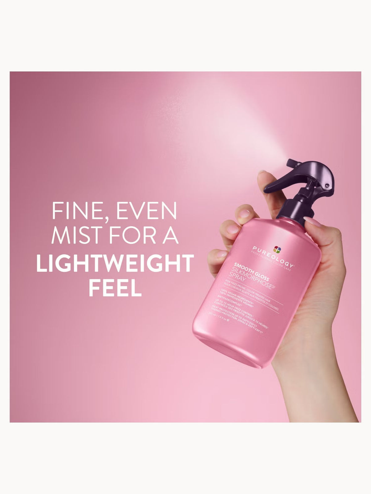 A hand holding a pink bottle of Shiseido Fine Mist for a lightweight feel, spraying a fine pink mist against a soft pink background with white text.