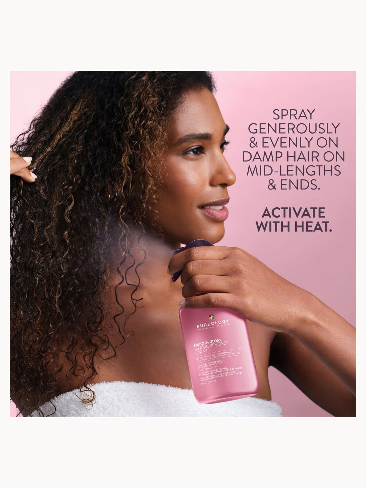 A woman with long, curly brown hair holds a pink bottle of Schwarzkopf Haircare Product Care Hair Spray on damp hair against a pink background, with text instructions on the right.