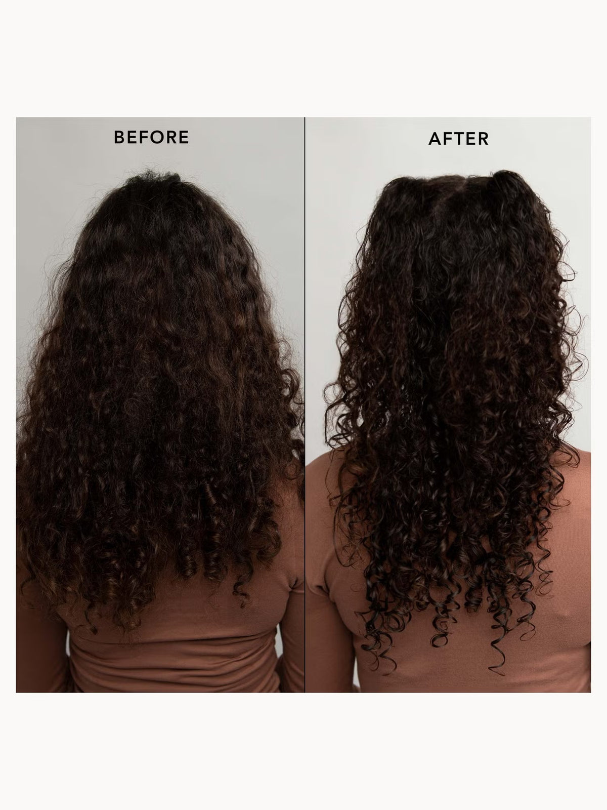 A side-by-side before and after comparison showing the back view of a person with long, dark, curly hair. The left panel is labeled 'BEFORE' and shows the hair in a less defined, frizzy state.