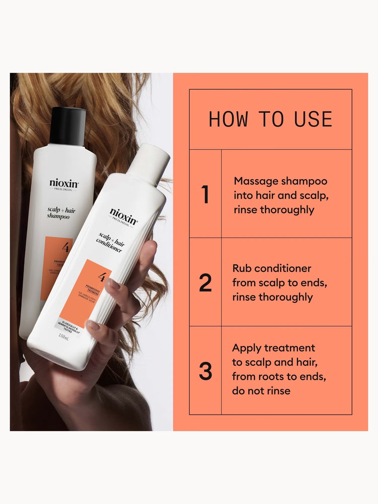 Nioxin shampoo and conditioner bottles with usage instructions on an orange background