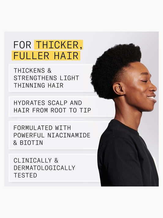 Advertisement for hair product with text and a person's profile on a white background