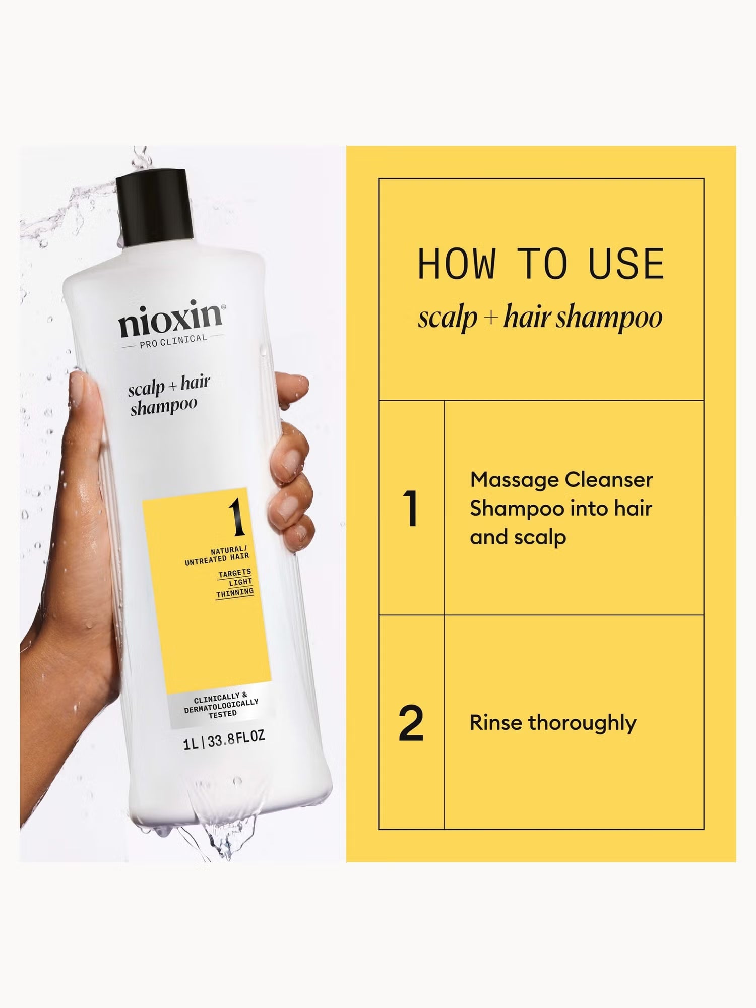 Nioxin shampoo bottle held by a hand with usage instructions on a yellow background