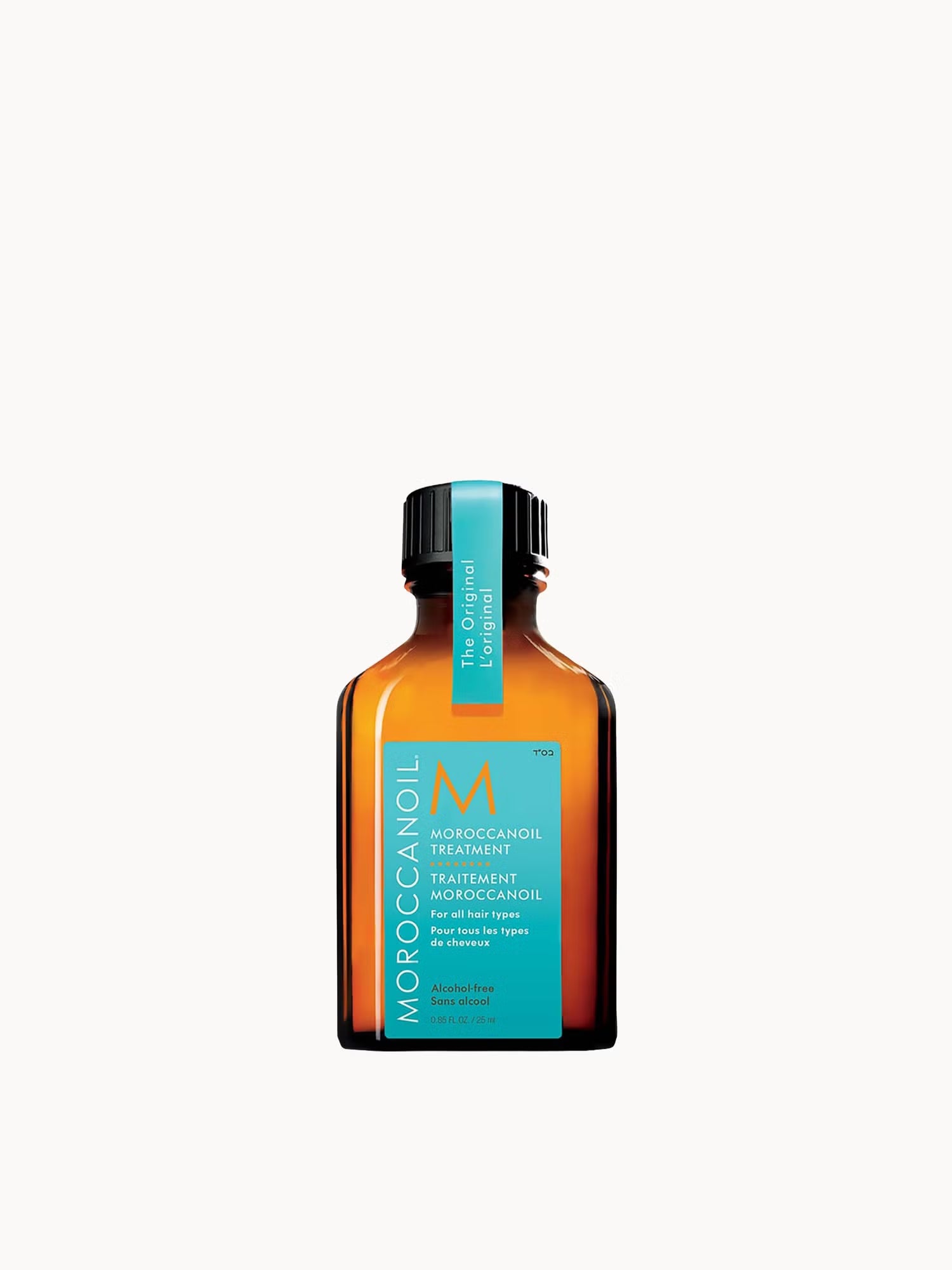 Moroccanoil hair treatment bottle on a white background
