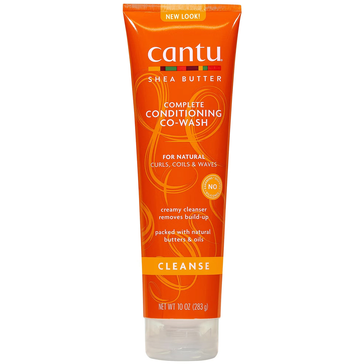 Cantu Shea Butter Complete Conditioning Co-Wash Cleanse in a 10 oz squeeze tube, featuring a bright orange design with white and yellow text, on a plain white background.