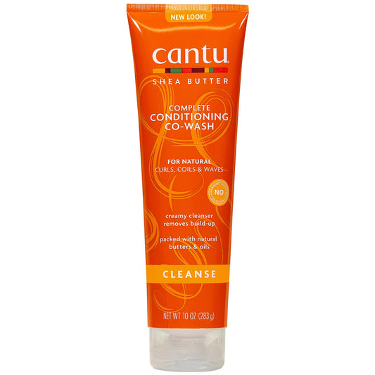 Cantu Shea Butter Complete Conditioning Co-Wash Cleanse in a 10 oz squeeze tube, featuring a bright orange design with white and yellow text, on a plain white background.