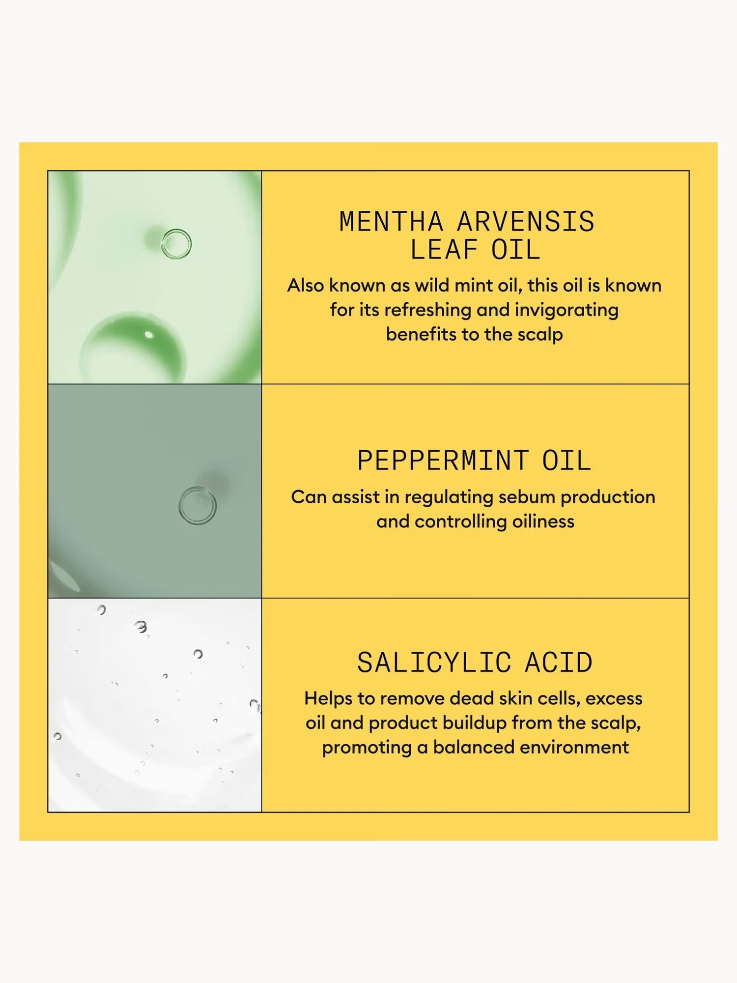 Product label with ingredients and their benefits on a yellow background