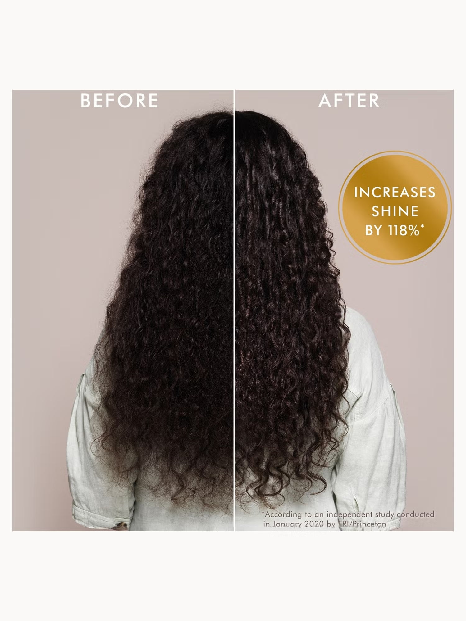 Before and after comparison of curly hair with increased shine, shown on a plain background.