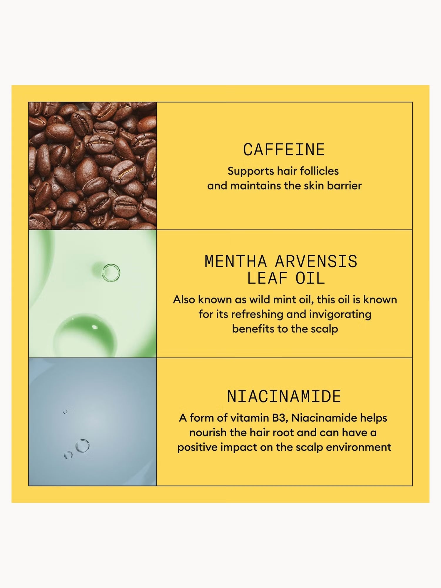 Product label with ingredients and their benefits on a yellow background
