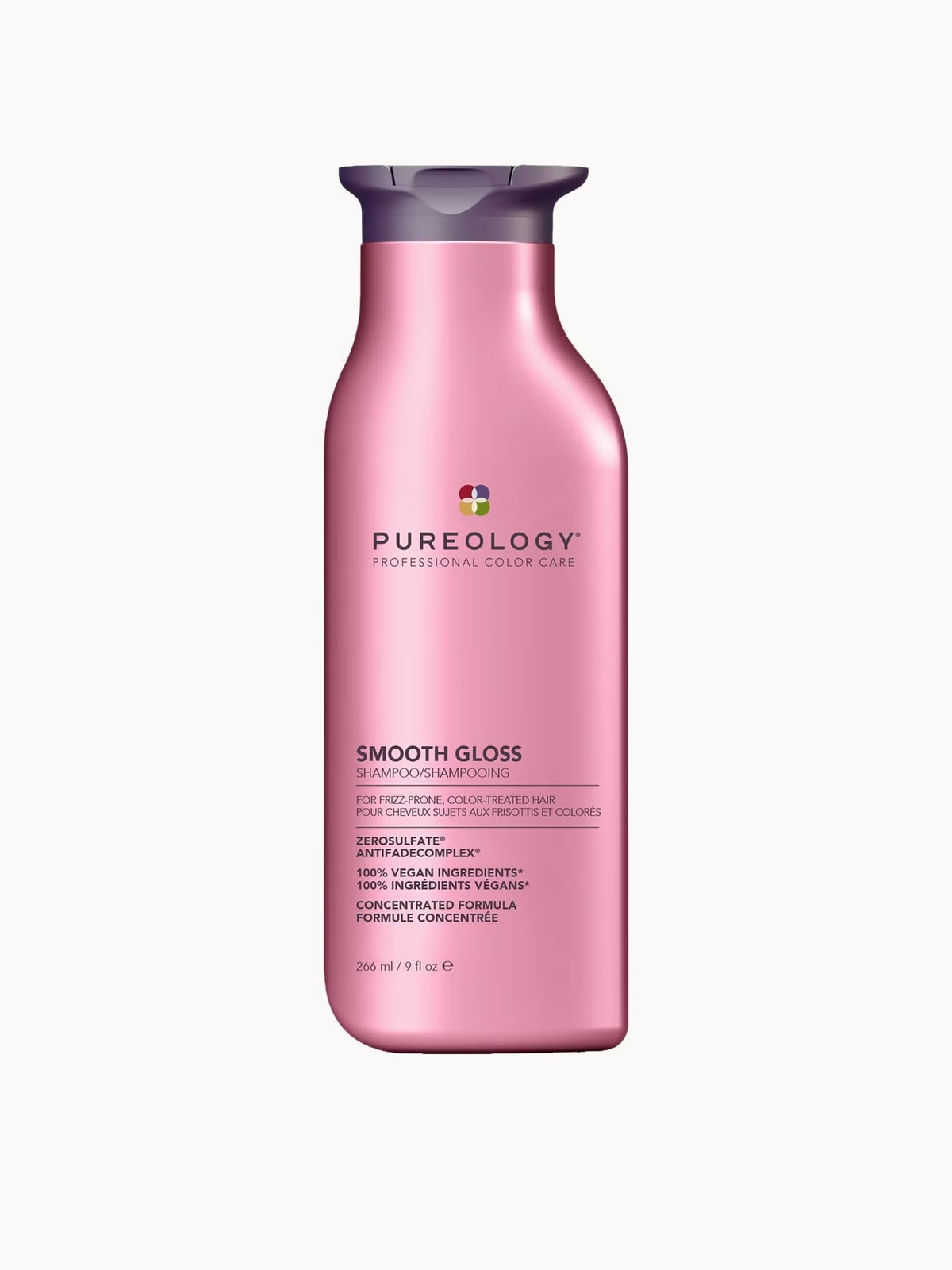 A pink bottle of Pureology Smooth Gloss shampoo and conditioner set, featuring a metallic pink body and a dark purple cap, centered on a light gray background.