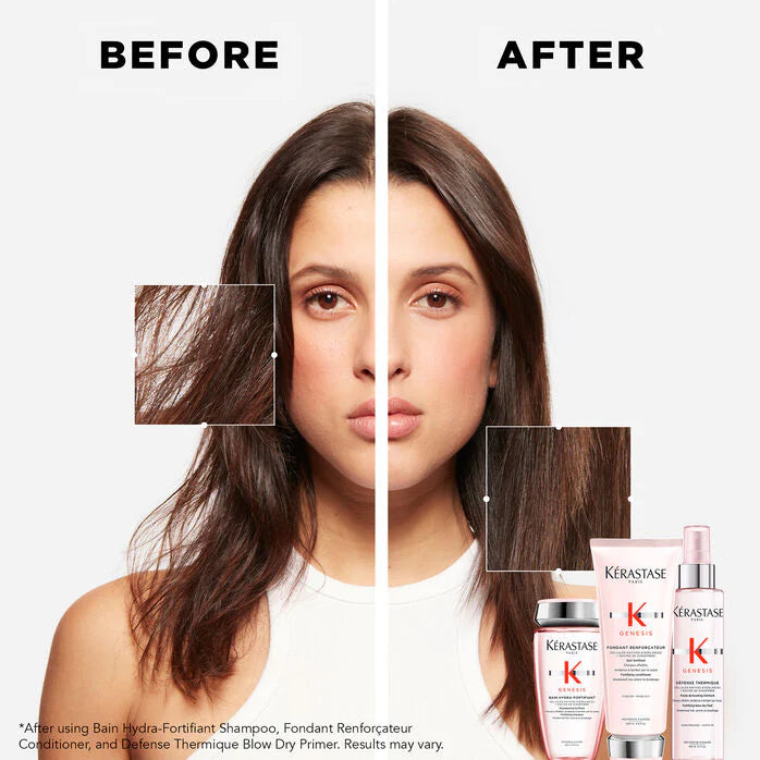 Before and after comparison of hair with Kerastase products displayed.