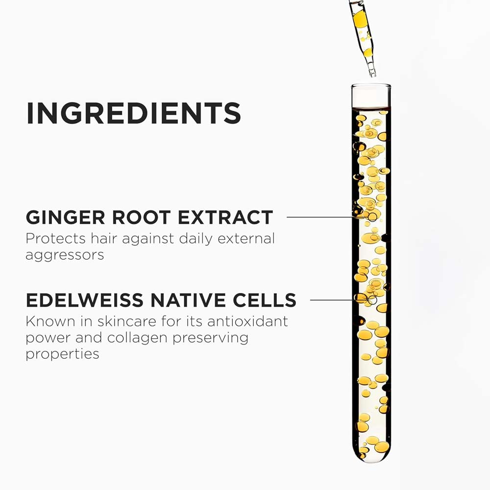 Test tube with ginger root extract and edelweiss native cells labeled as ingredients.