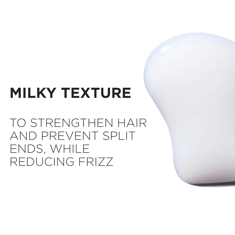 White bottle with text about hair care product benefits on a white background