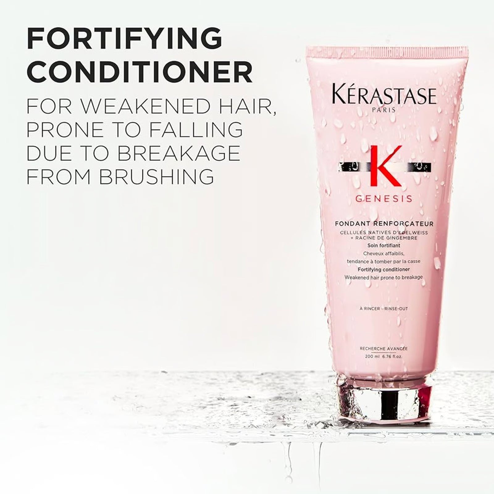 Kérastase conditioner bottle on a light background with text about hair care.