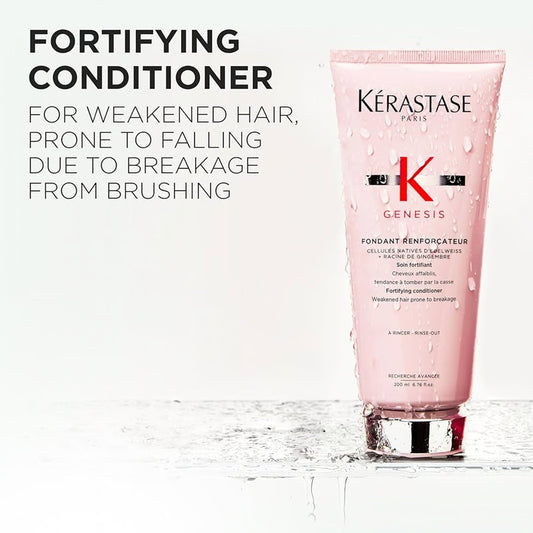 Kérastase conditioner bottle on a light background with text about hair care.